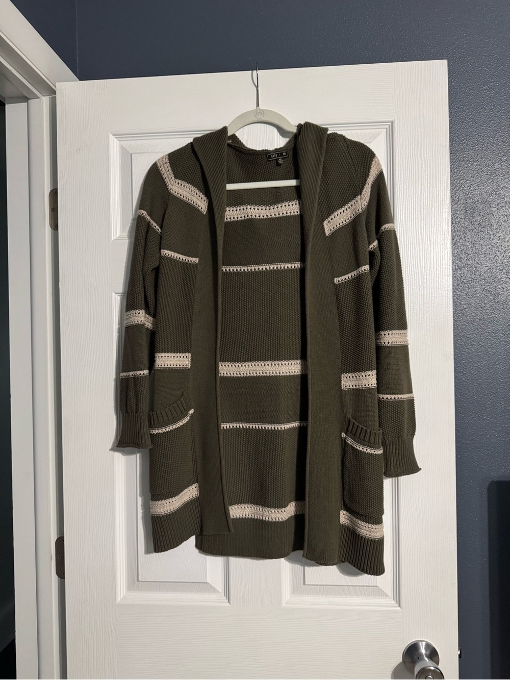 LETY & ME Olive Hooded Open-Front Cardigan with Cream Stripes